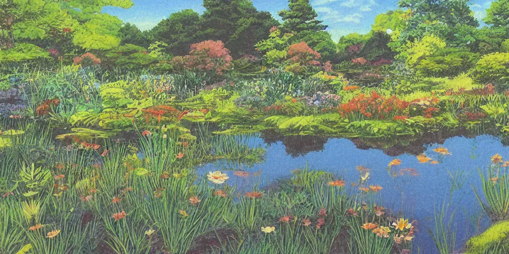 Image similar to pond landscape, by cosmo mulford, intricate, sharp focus, detailed, lively colors, studio ghibli color scheme