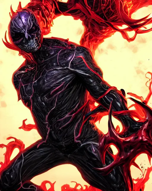 Image similar to ghost rider symbiote, purple and red variant, dynamic lighting, fantasy concept art, trending on art station, stunning visuals, creative, cinematic, ultra detailed, comic strip style