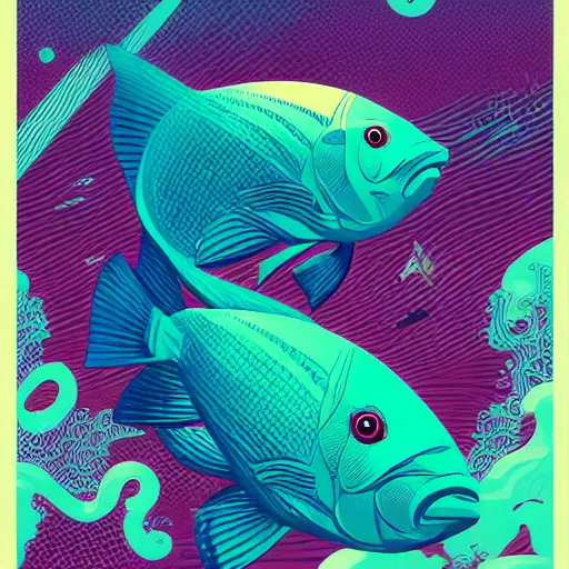 Prompt: one stylized fish, viewed in profile, dark ocean, complex patterns, artstation, intricate, realistic, highly detailed, digital painting, concept art, sharp focus, illustration by tom whalen and charles williams and kilian eng and james jean