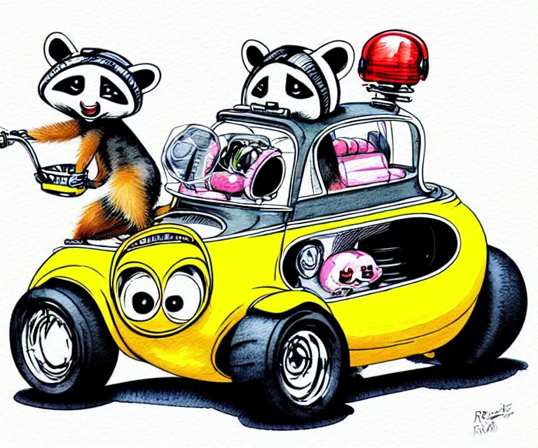 Image similar to cute and funny, racoon wearing a helmet riding in a tiny hot rod coupe with oversized engine, ratfink style by ed roth, centered award winning watercolor pen illustration, isometric illustration by chihiro iwasaki, edited by range murata