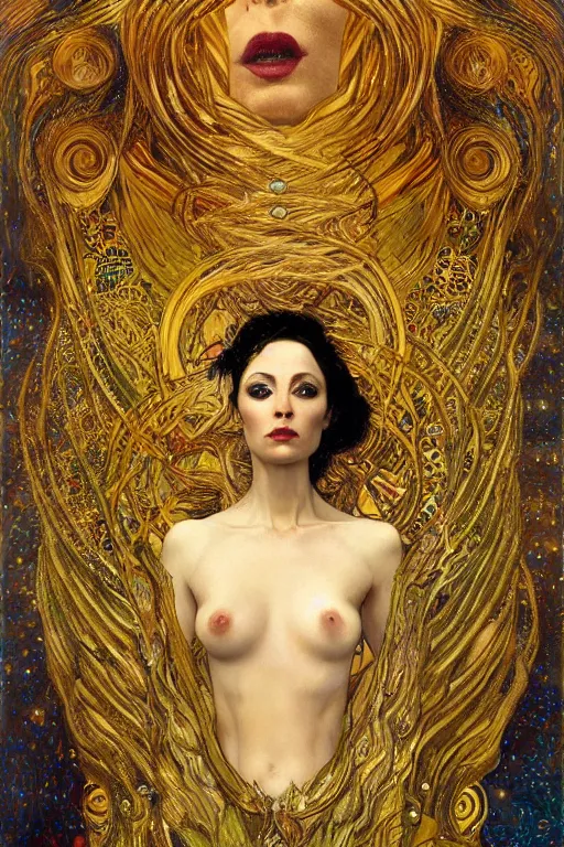 Image similar to Intermittent Chance of Chaos Muse by Karol Bak, Jean Deville, Gustav Klimt, and Vincent Van Gogh, Rebirth, Loki's Pet Project, Poe's Angel, Surreality, inspiration, imagination, sacred muse, otherworldly, fractal structures, arcane, ornate gilded medieval icon, third eye, spirals