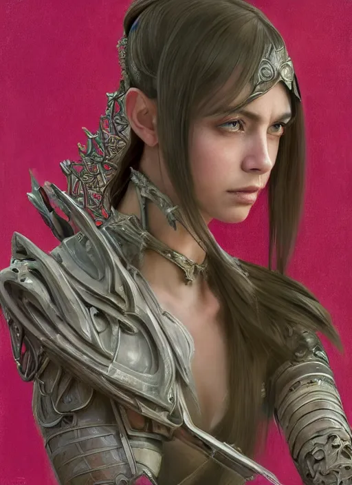 Image similar to a professional portrait of a beautiful young female, clothed in ethereal battle armor, olive skin, long dark hair, beautiful bone structure, symmetrical facial features, intricate, elegant, digital painting, concept art, smooth, sharp focus, finely detailed, illustration, from Valerian and the City of a Thousand Planets, in the style of Ruan Jia and Mandy Jurgens and Artgerm and Greg Rutkowski and William-Adolphe Bouguerea