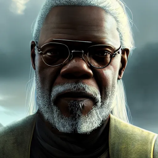 Image similar to closeup portrait of samuel jackson as geralt in the witcher, city background, dramatic light, gorgeous view, depth, high detail, digital art, concept art painted by greg rutkowski and seb mckinnon, neuromancer, trending on artstation