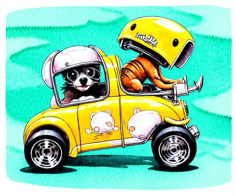 Image similar to cute and funny, puppy wearing a helmet riding in a tiny hot rod with an oversized engine, ratfink style by ed roth, centered award winning watercolor pen illustration, isometric illustration by chihiro iwasaki, edited by range murata, tiny details by artgerm and watercolor girl, symmetrically isometrically centered, sharply focused