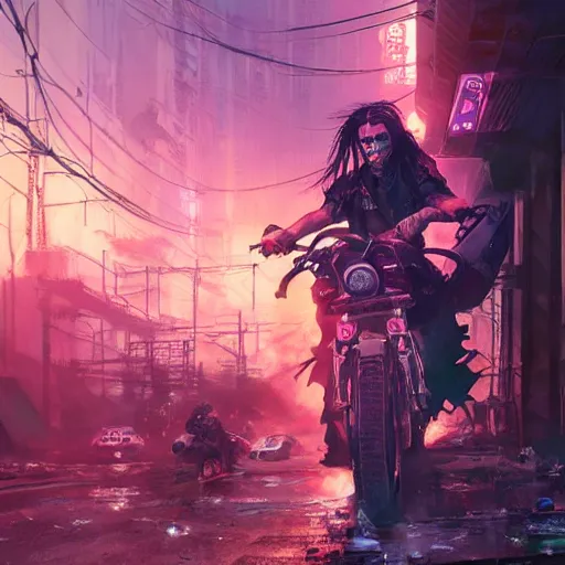 Prompt: portrait painting of a street samurai with long purple hair riding a motorcycle through a burning cyberpunk slum, glitchwave, ultra realistic, concept art, intricate details, eerie, highly detailed, photorealistic, octane render, 8 k, unreal engine. art by artgerm and greg rutkowski