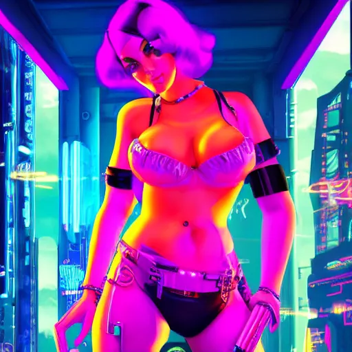 Prompt: 1 9 2 0 cyberpunk pinup girls, neon colors, 8 k, hd, apex legends, fornite, gta