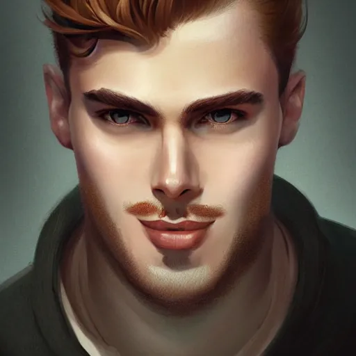 Image similar to tall slightly fat man in his twenties with brown blond short quiff hair and round facial structure with cleft chin, straight eyebrows, slightly smiling, cheekbones, wider face, shadow of beard, atmospheric lighting, painted, intricate, 4 k, highly detailed by charlie bowater