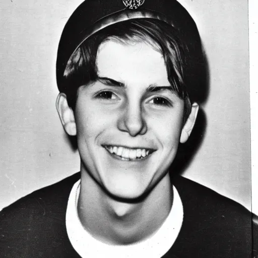 Prompt: a yearbook photo from 1966 of Jughead Jones, wearing a felt crown