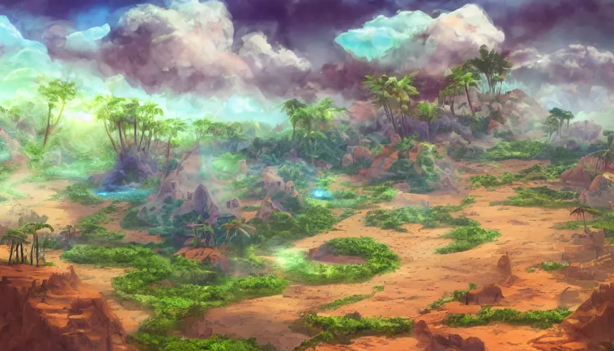 Prompt: beautiful stunning slightly cloudly sky with various differently colored floating islands made of dirt and sand and stone with many varied rainforest forest desert plants and few little animals, landscape, fantasy, concept art, unreal engine, painted in photoshop, krita, clip studio paint, procreate, mypaint, digital art, trending on artstation