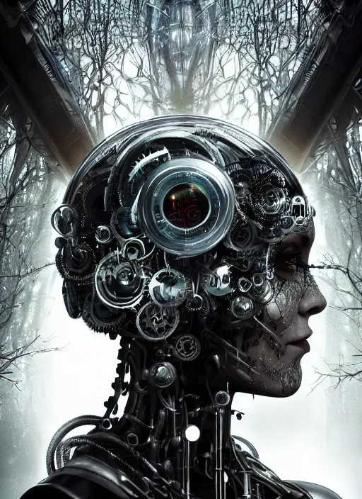 Prompt: 35mm portrait of a sophisticated intricate terminator woman's head on the background of a weird magical mechanical forest. Round gears visible inside her hear. Very detailed 8k. Fantasy cyberpunk horror. Sharp.