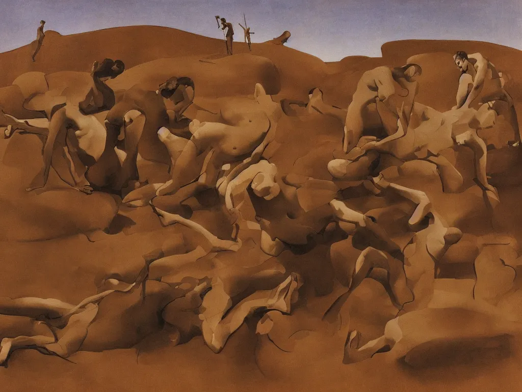 Prompt: Men sculpted by Henri Moore, Brancusi wrestling in the mud . Moon light, alien desert landscape, dark lava fields. Painting by Georges de la Tour, Balthus, Roger Dean