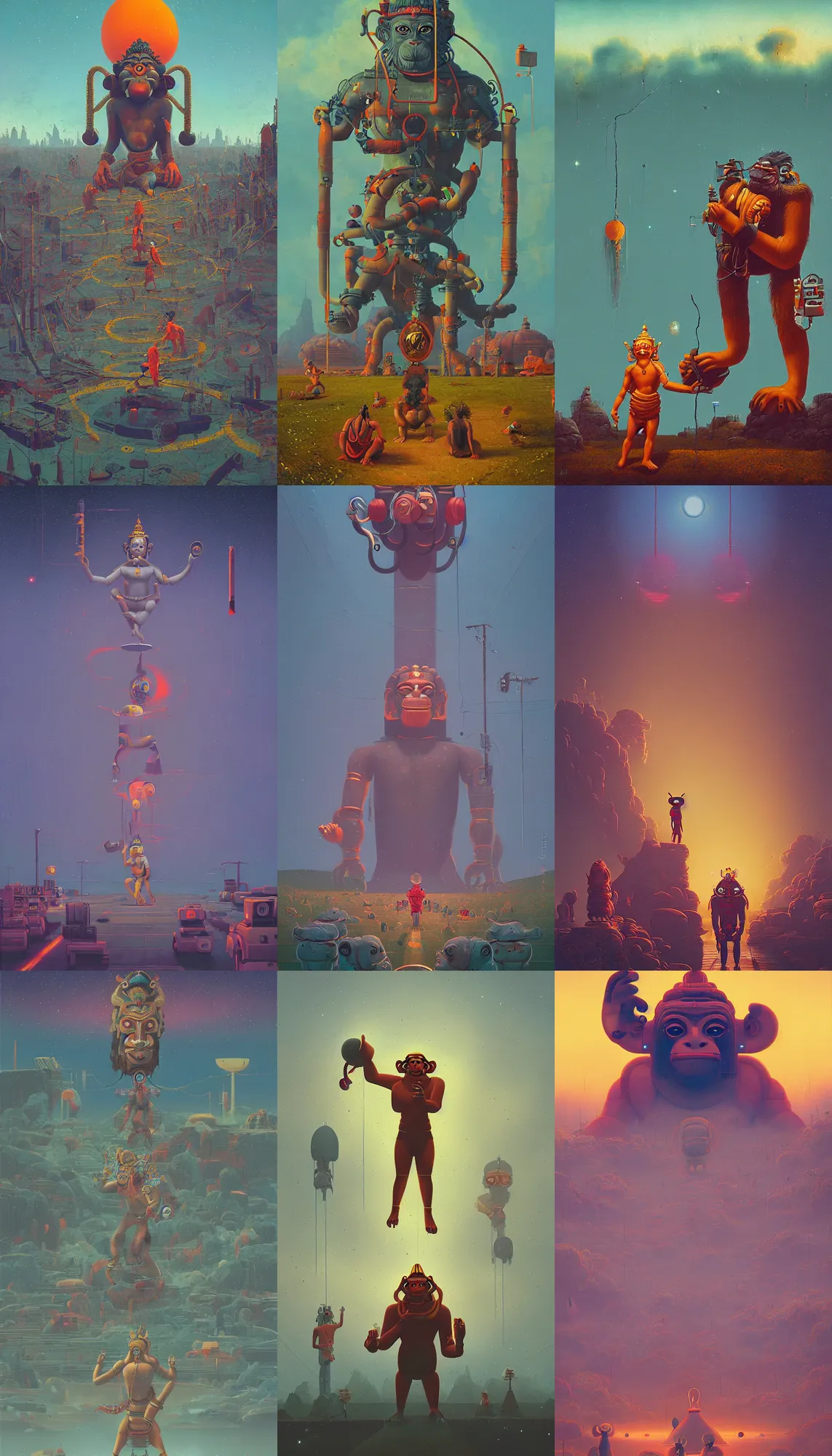 Prompt: techno artwork,. hanuman gets together with the gods against the background of the universe by simon stalenhag.