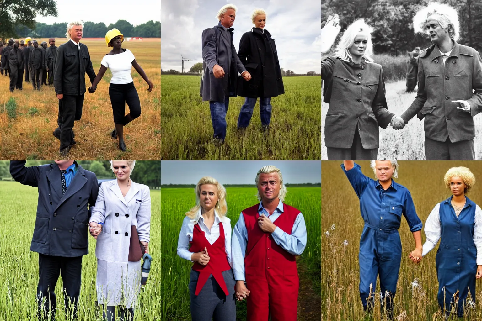Prompt: Geert Wilders and Sylvana Simons dressed as factory workers, holding hands in a field in the style of Soviet propaganda