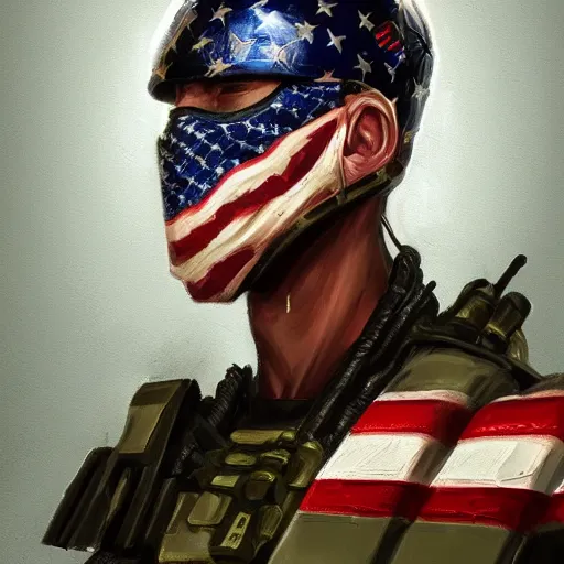 Prompt: Portrait of a futuristic soldier wearing American Army mechanized body armor carrying and American flag, D&D, Powerful, Patriotic, muscular, War, Olive drab, highly detailed, digital painting, artstation, concept art, smooth, sharp focus, illustration