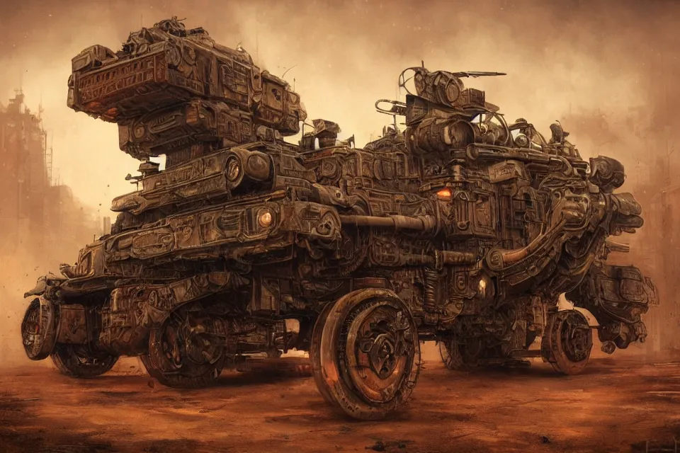 Image similar to steampunk style military vehicle with guns, red neon lights, by HR Giger and Beksiński and Stephan Martiniere , 4k resolution, detailed, trending on artstation