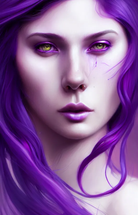 Image similar to Purple hair relistic macro Portrait of a woman with bright colored flying hair, all shades of purple. Beauty face, Hair coloring, fantasy, intricate, elegant, highly detailed, digital painting, artstation, concept art, smooth, sharp focus, illustration, art by artgerm and greg rutkowski and alphonse mucha