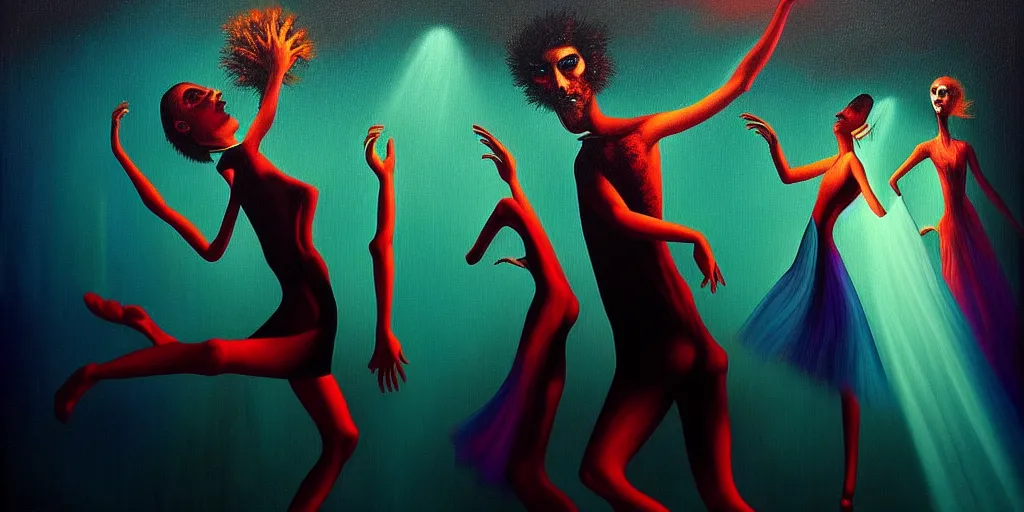 Prompt: personified emotion and thought creatures dance at the disco, dramatic lighting, attempting to escape to the surface and start a revolution, in a dark surreal painting by ronny khalil