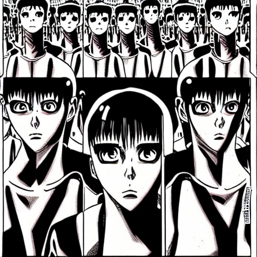 Image similar to an army of clones manga by junji ito