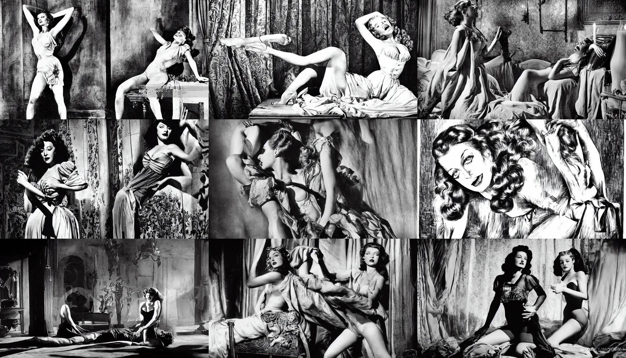 Prompt: a scene from the movie felicia ( 1 9 4 8 ) in the style of engravings for a novel of marquis de sade starring rita hayworth as an heroine of sade. black and white, highly intricate, highly detailed, studio lighting, award winning photography, contrasted.