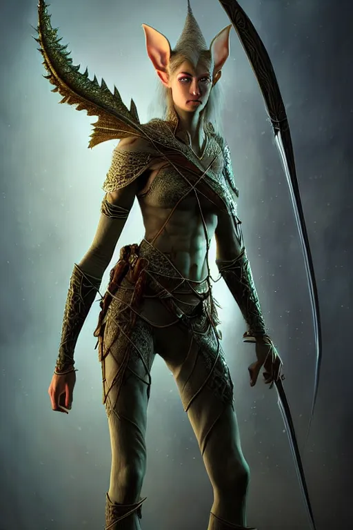 Image similar to hyperrealistic mixed media painting of a female elven ranger, tall confident stature, d&d, full body, stunning 3d render inspired art by P. Craig Russell and Barry Windsor-Smith + perfect facial symmetry + dim volumetric lighting, 8k octane beautifully detailed render, post-processing, extremely hyperdetailed, intricate, epic composition, grim yet sparkling atmosphere, cinematic lighting + masterpiece, trending on artstation, very very detailed, masterpiece, stunning