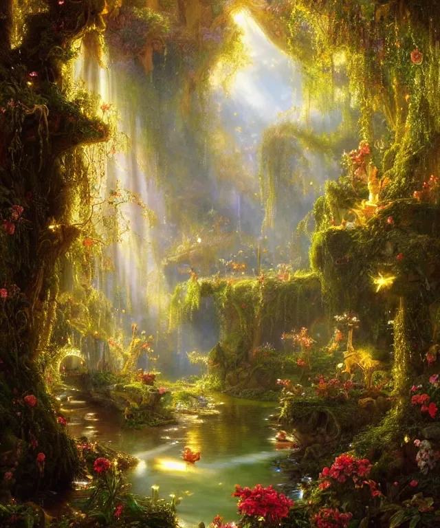 Prompt: a luminous fairytale of an enchanted fairyland with flowering dainty vines and a sparkling magical river, by ferdinand knab, oil on canvas, volumetric lighting, radiating crepuscular rays, enchanting bright and light, glorious and epic, gold and pastels, rendered with unreal engine 5, trending on artstation