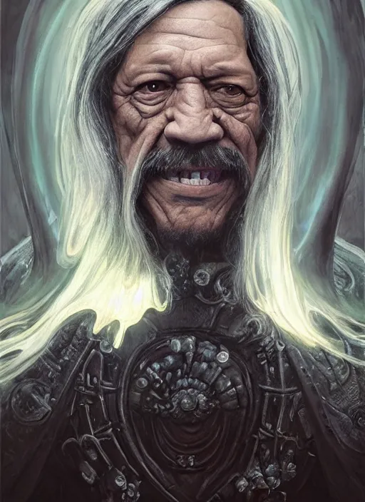 Prompt: Portrait of Danny Trejo, white glowing eyes, silver hair, cloak, ethereal wings, male, fantasy, extremely detailed, digital painting, artstation, concept art, smooth, sharp focus, illustration, stunning lighting, art by artgerm and greg rutkowski and alphonse mucha and simon stalenhag, realistic character concept, high fantasy, light atmosphere, golden ratio, cinematic lighting, hyperdetailed, high resolution, insanely detailed and intricate, artstation, Marc Simonetti, Greg Rutkowski, 8k