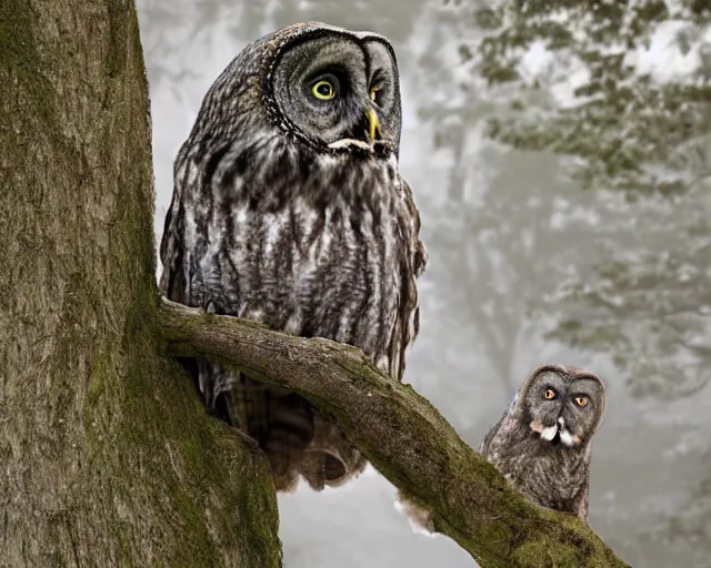 Image similar to an 5 5 - year old man sees a great grey owl in a tree in front of him, concept art from the short story'mouth and mind'set in chatham, ontario, realistic modern supernatural horror thriller aesthetic, hd 4 k 8 k digital matte painting, by david mattingly and michael whelan. layout in the style of christopher mckenna and gregory crewdson