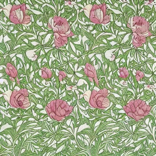 Prompt: william morris style print of beautiful light pink peonies and green leaves, repeating pattern