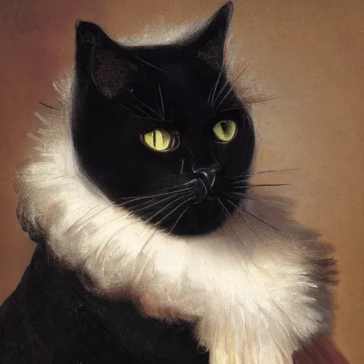 Prompt: portrait painting of a female black cat wearing a ruff by Rembrandt van Rijn