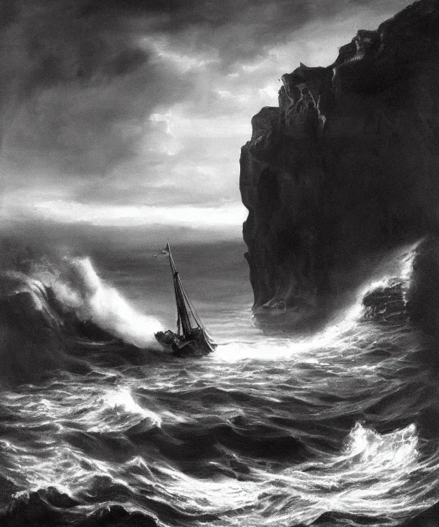 Image similar to photorealistic painting of a 1 9 2 5 seiner sailing near a tropical cliff with the mouth of a sea cave at the waterline, dark, brooding, atmospheric, lovecraft, horror, smooth, epic, highly detailed, cinematic, by lee gibbons