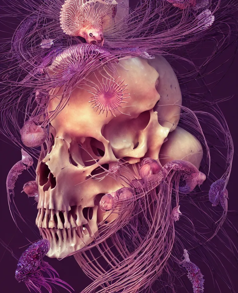 Image similar to goddess close-up portrait animal skull. jellyfish phoenix head, nautilus, orchid, skull, betta fish, bioluminiscent creatures, intricate artwork by Tooth Wu and wlop and beeple. octane render, trending on artstation, greg rutkowski very coherent symmetrical artwork. cinematic, hyper realism, high detail, octane render, 8k