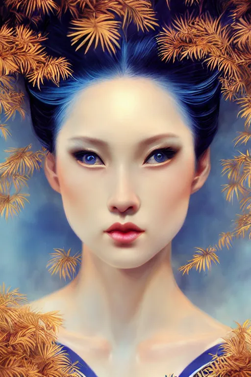 Image similar to stunningly beautiful, blue - eyed geisha prima ballerina in jungle, symmetrical face, golden hour, smooth, focus, highly detailed, hyper realistic, dramatic lighting, elegant, intricate, concept art, art by wlop, mars ravelo, greg rutowski, artstation