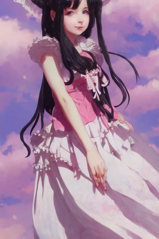 Image similar to a character design of little girl with black hair in a pink lolita dress, sky background by krenz cushart and mucha and akihito yoshida and greg rutkowski, detailed eyes, 4 k resolution