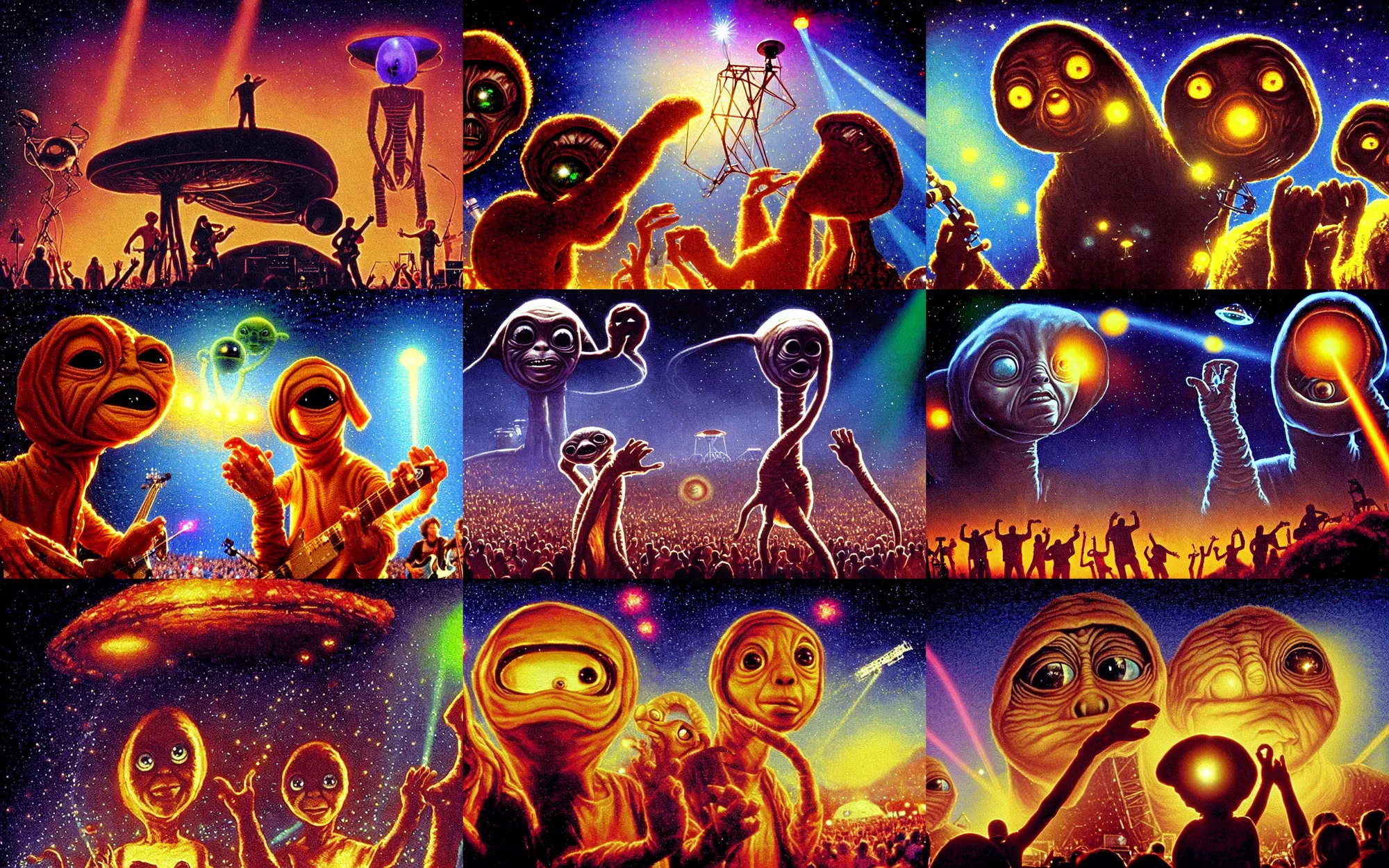 Prompt: close up of e. t. the extra - terrestrial and the mothership from close encounters of the third kind playing live music to a very large audience at a festival with e. t. playing the guitar live on stage, painting by thomas kinkade, low light, very large audience and crowdsurfing and laser show in the background, very symmetrical