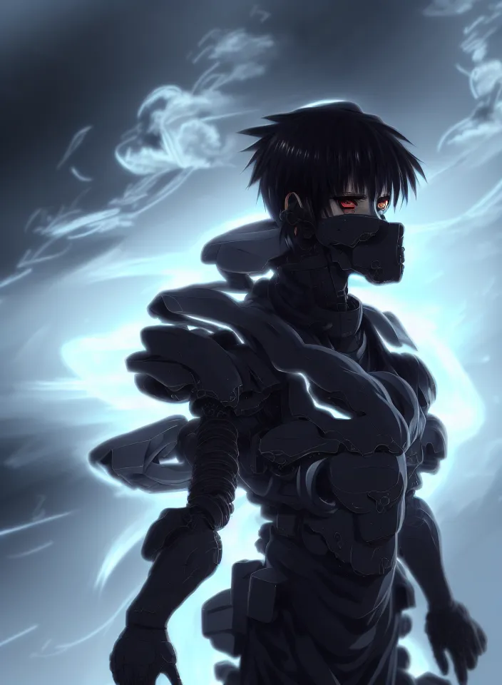 Image similar to a detailed manga illustration character full body portrait of a dark haired cyborg anime man shrouded in clouds of dark smoke and fire, trending on artstation, digital art, 4 k resolution, detailed, high quality, sharp focus, hq artwork, insane detail, concept art, character concept, character illustration, full body illustration, cinematic, dramatic lighting