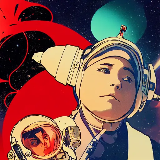 Prompt: portrait of a young astronaut Danny devito, last exile, yoshitoshi abe, alphonse mucha, loish, murata range, synthwave, cosmic,red white and black color scheme, orange highlights, studio lighting, manga, anime, vibrant, beautiful, dreamy, gradation, ((space nebula background))