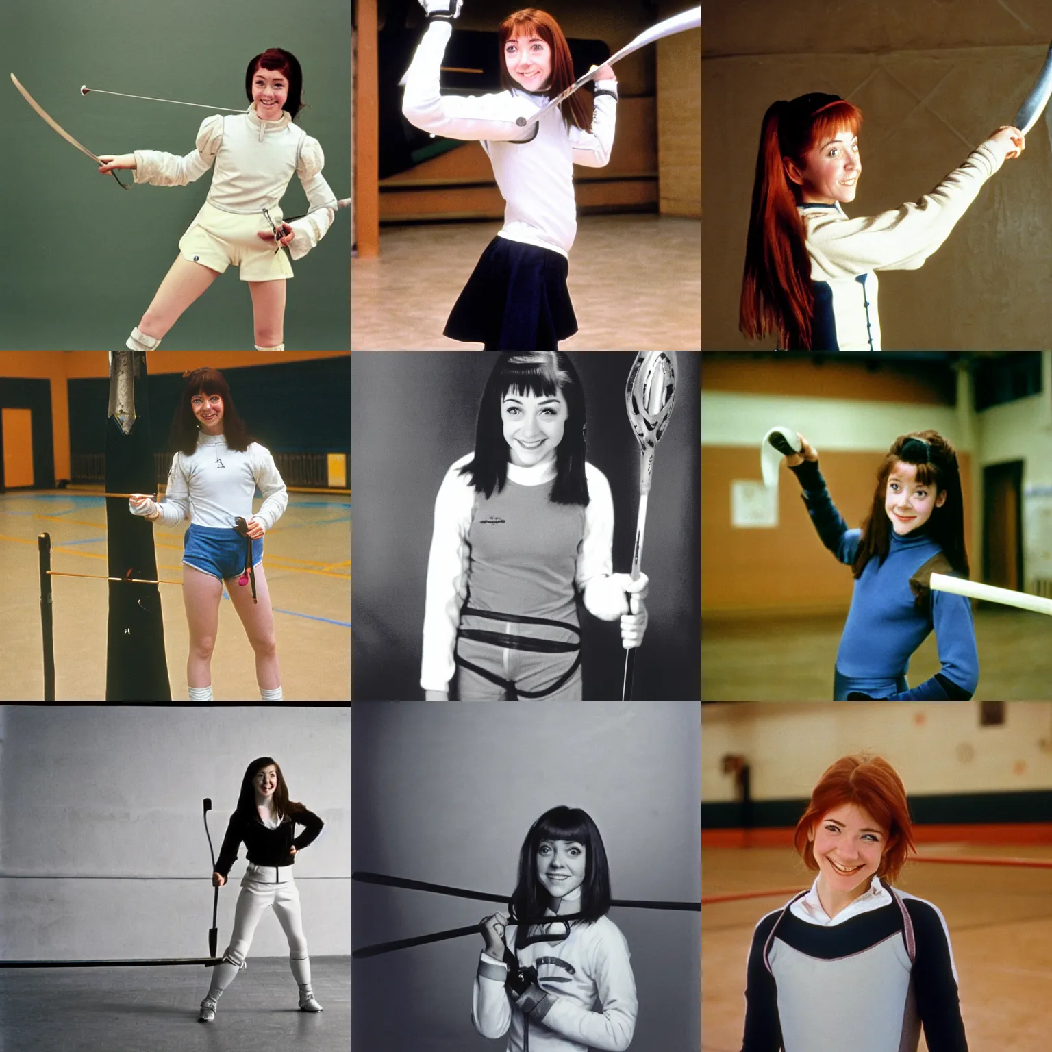 Prompt: Teenage Alyson Hannigan/Willow Rosenberg as a fencer, holding an epée, in the high school gym, smiling, detailed high quality photo by Annie Leibovitz