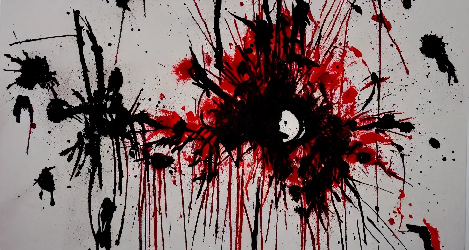 Image similar to category b film poster, ink painting, blood splatter on the sides and trace of a shot in centre, sharp render, painting, grainy tape, distortion, few details,