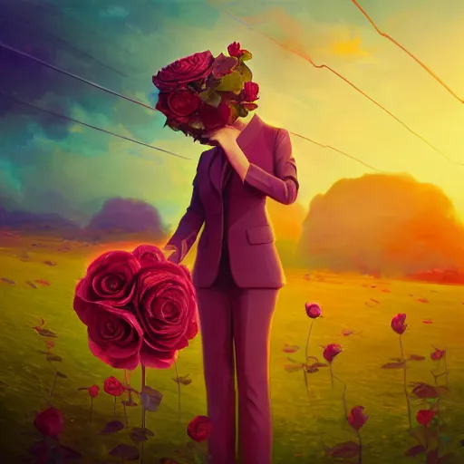 Prompt: closeup, huge rose flower under head, frontal, girl in a suit, surreal photography, sunrise, dramatic light, impressionist painting, digital painting, artstation, simon stalenhag