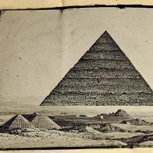 Prompt: an old journal page with a rich illustration of a ufo laying blocks of a half-built Pyramid of Giza