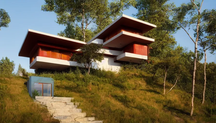 Image similar to small modern house, tibetan inspired architecture, on a green hill between trees, frank lloyd wright, photorealistic, cyberpunk