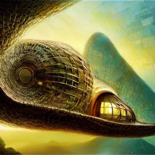 Prompt: beautiful portrait of bamboo living pods shaped like a sea shell embedded on the side of a cliff, windows, the time machine, spaceship by john berkey, panoramic view, ssci - fi, futuristic city, art by artgerm, artwork by peter gric and brian froud and esao andrews