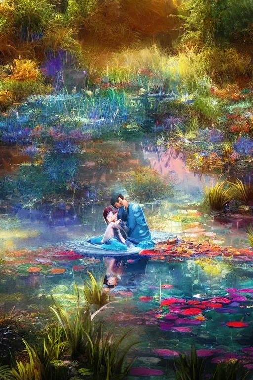 Prompt: nenufar in a pond, colorful, blue backgroung,clean, joyful, intricate, elegant, volumetric lighting, digital painting, highly detailed, artstation, sharp focus, illustration, concept art, ruan jia, steve mccurry