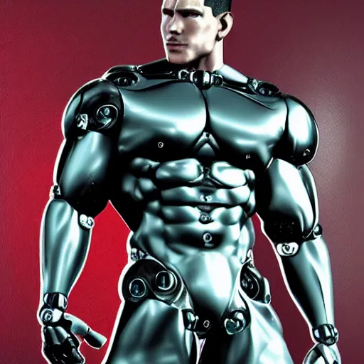 Image similar to a realistic detailed photo of a bodybuilder who is also a male android, Chris Redfield, shiny skin, posing robotically. blank stare