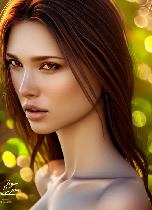 Image similar to photo of a gorgeous female in the style of stefan kostic, realistic, half body shot, sharp focus, 8 k high definition, insanely detailed, intricate, elegant, art by stanley lau and artgerm, extreme bokeh foliage