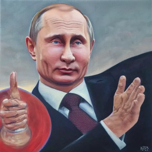 Prompt: oil painting of vladimir putin holding the world