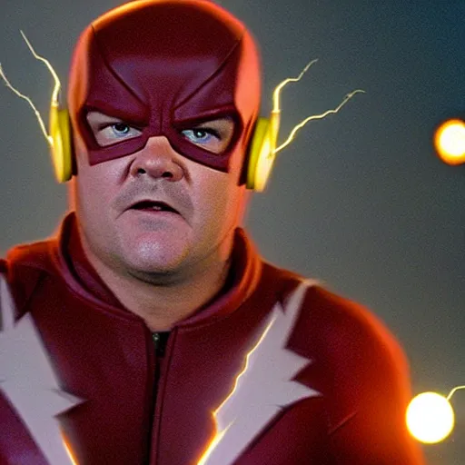 Prompt: film still of jack black playing the flash by steven spielberg, epic lighting effects