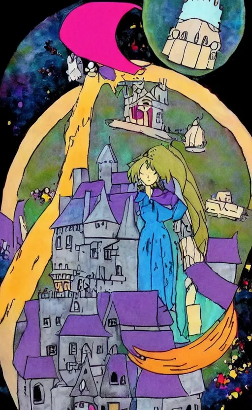 Prompt: howl's moving castle in the style of Mary Blair