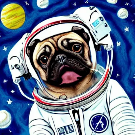 Image similar to hyper realistic, highly detailed, astronaut pug in space.