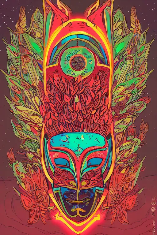 Image similar to animal mask totem roots flower tribal feather gemstone plant wood rock shaman vodoo video game vector cutout illustration vivid multicolor borderlands comics by josan gonzales and dan mumford radiating a glowing aura